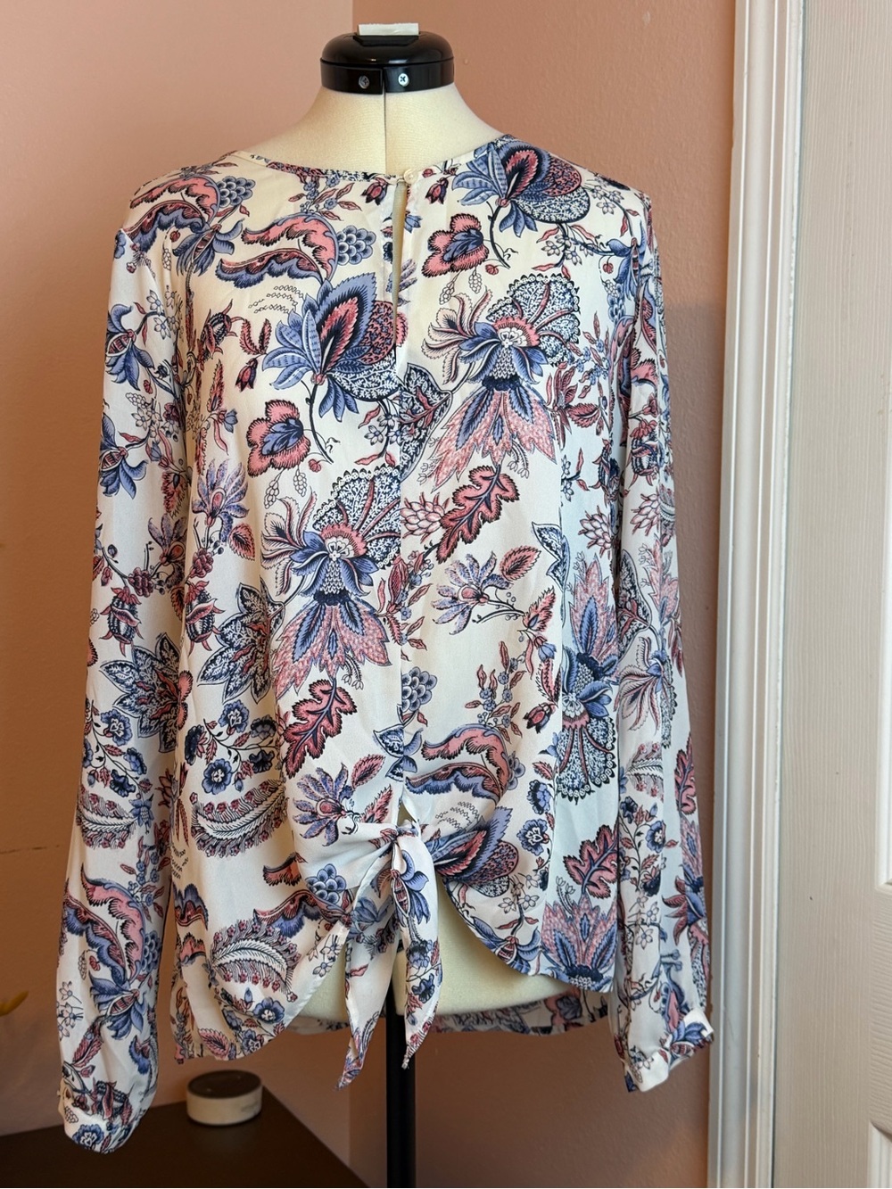 belle sky Cream Floral Paisley Tie-Hem Blouse with Blue & Pink Accents